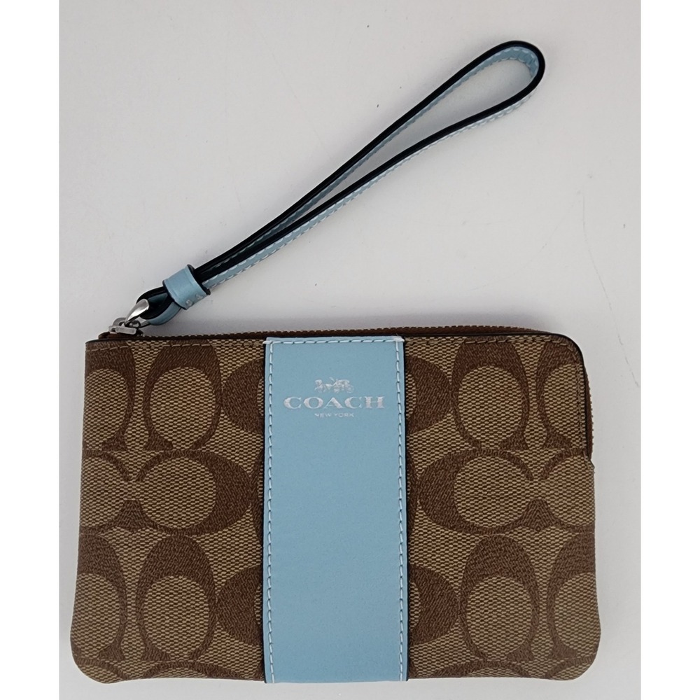 Coach Corner Zip Wristlet Womens Small Brown Blue Signature 58035 Khaki EXC